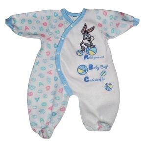 Vintage Baby Looney Tunes One-piece Snap Sleeper Footie White|Blue 3-6 Months